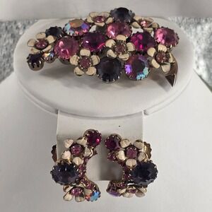Albert Weiss Vintage Pink Purple Rhinestone Brooch & Clip Earrings Set Signed